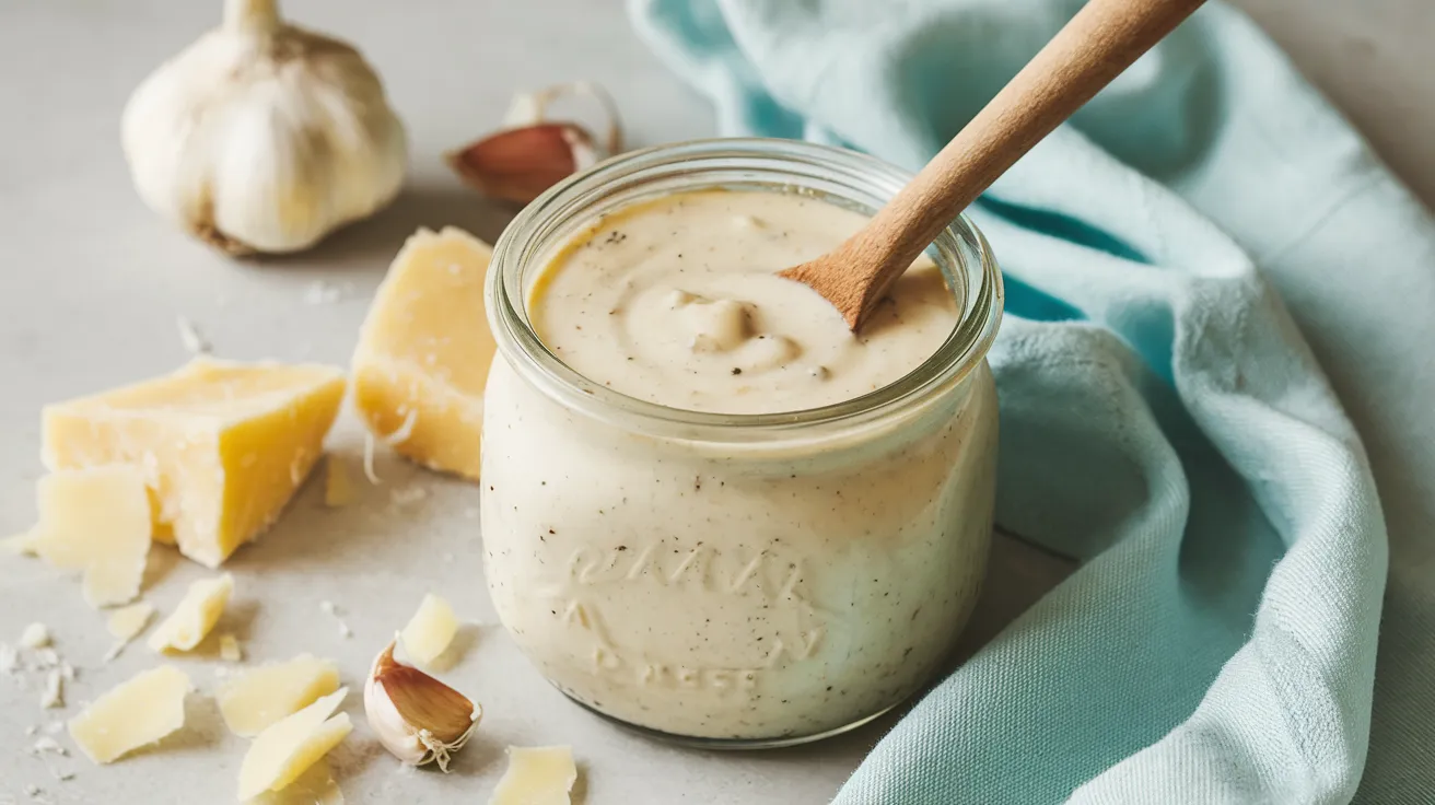 a jar filled with creamy garlic parmesan sauce