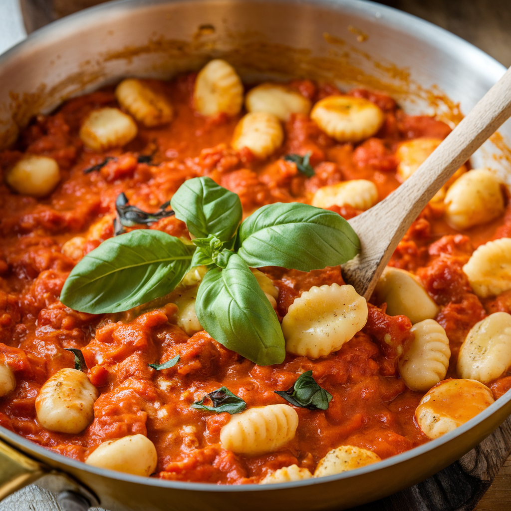 A golden skillet bubbling with creamy tomato sauce, gnocchi stirred in, and a garnish of fresh basil