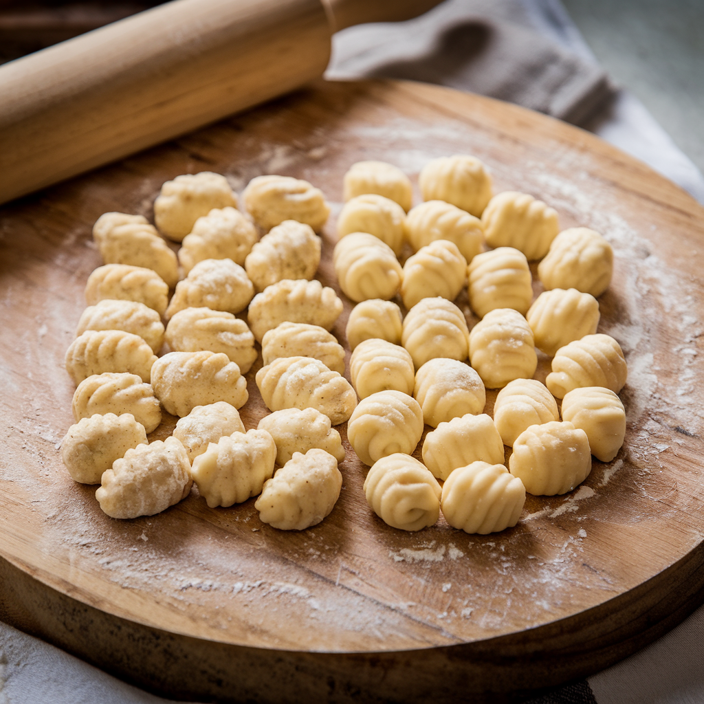 A comparison shot of store-bought gnocchi and freshly rolled homemade gnocchi on a wooden board.