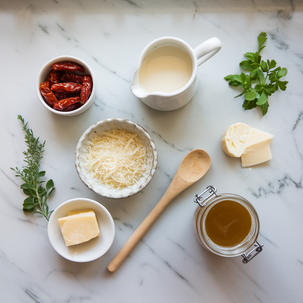 A flat lay of sauce ingredients—sun-dried tomatoes, heavy cream, parmesan, and broth—on a marble countertop.