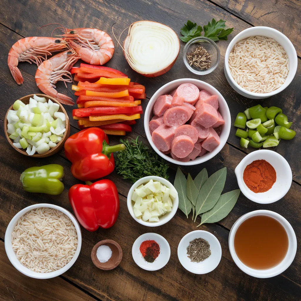 Ingredients for jambalaya, including shrimp, sausage, chicken, vegetables, spices, and rice, laid out on a rustic wooden table.