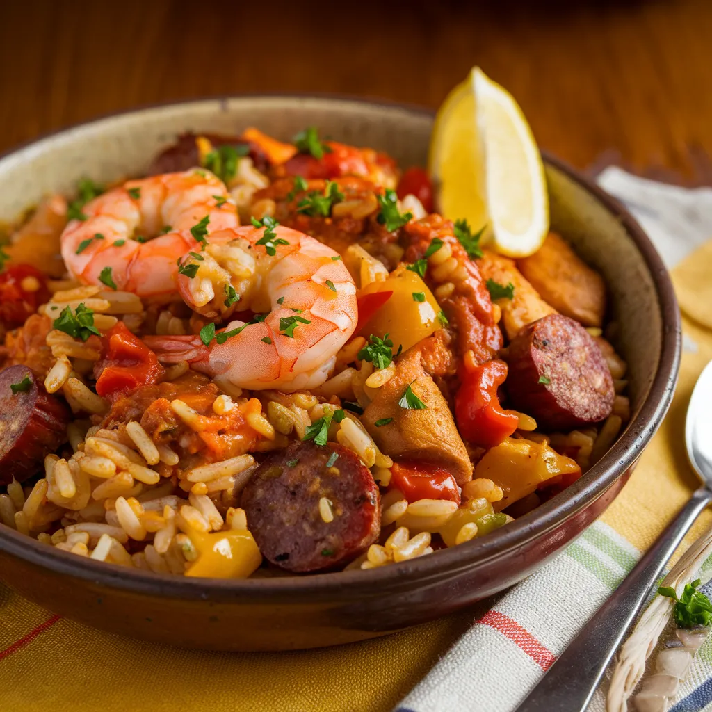 A bowl of jambalaya with shrimp, sausage, chicken, and bell peppers garnished with parsley and a lemon wedge