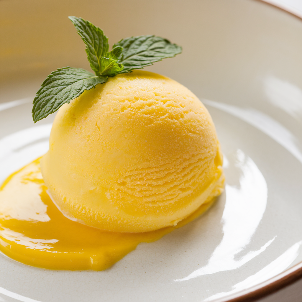 Close-up of mango sherbet, showcasing its creamy texture and bright color, garnished with a mint leaf