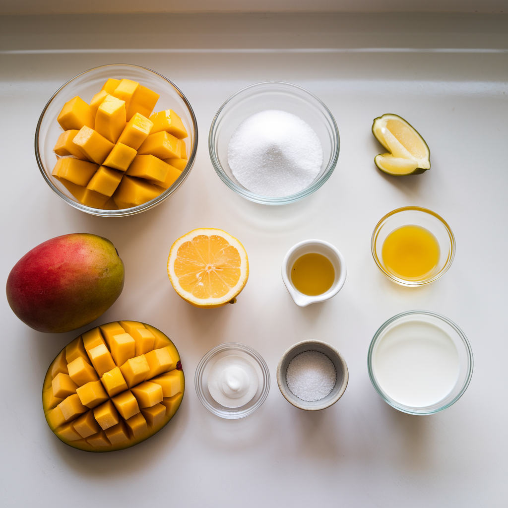 Ingredients for mango sherbet, including diced mangoes, sugar, lemon juice, and optional cream, arranged on a white counter