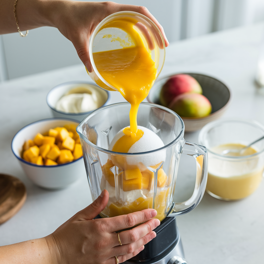 Hands pouring mango puree into a blender during the preparation of mango sherbet.