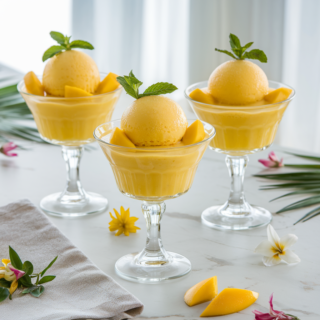 Smooth mango sherbet served in glass bowls, garnished with mint leaves and mango slices