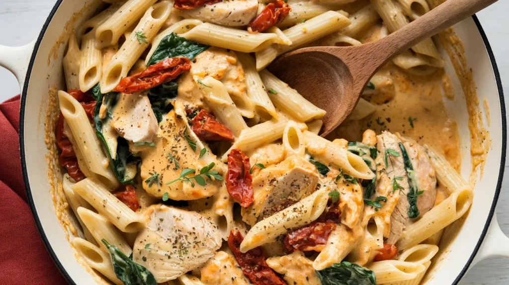 'Marry Me Chicken Pasta' served in a large white skillet