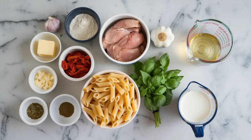 the ingredients laid out for a flavorful pasta dish