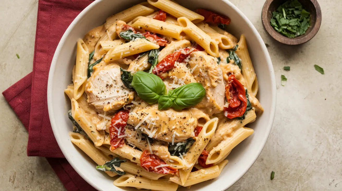 a bowl of 'Marry Me Chicken Pasta.' The dish features penne pasta