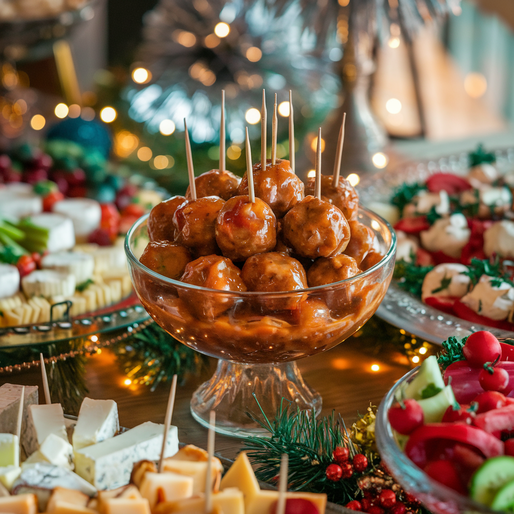 table featuring cocktail meatballs alongside other appetizers like cheese platters and veggie trays.