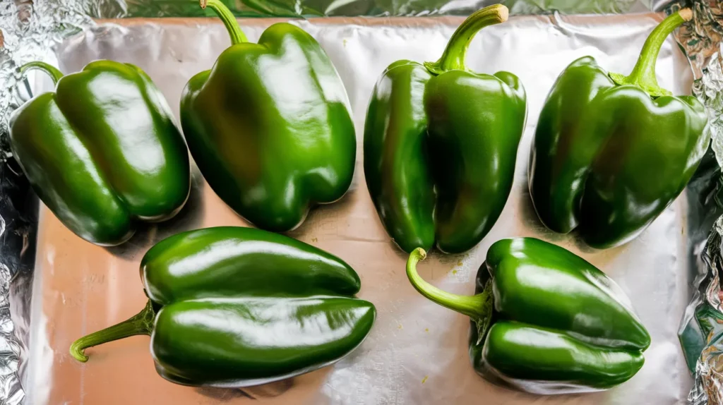 glossy green poblano peppers arranged on a baking sheet