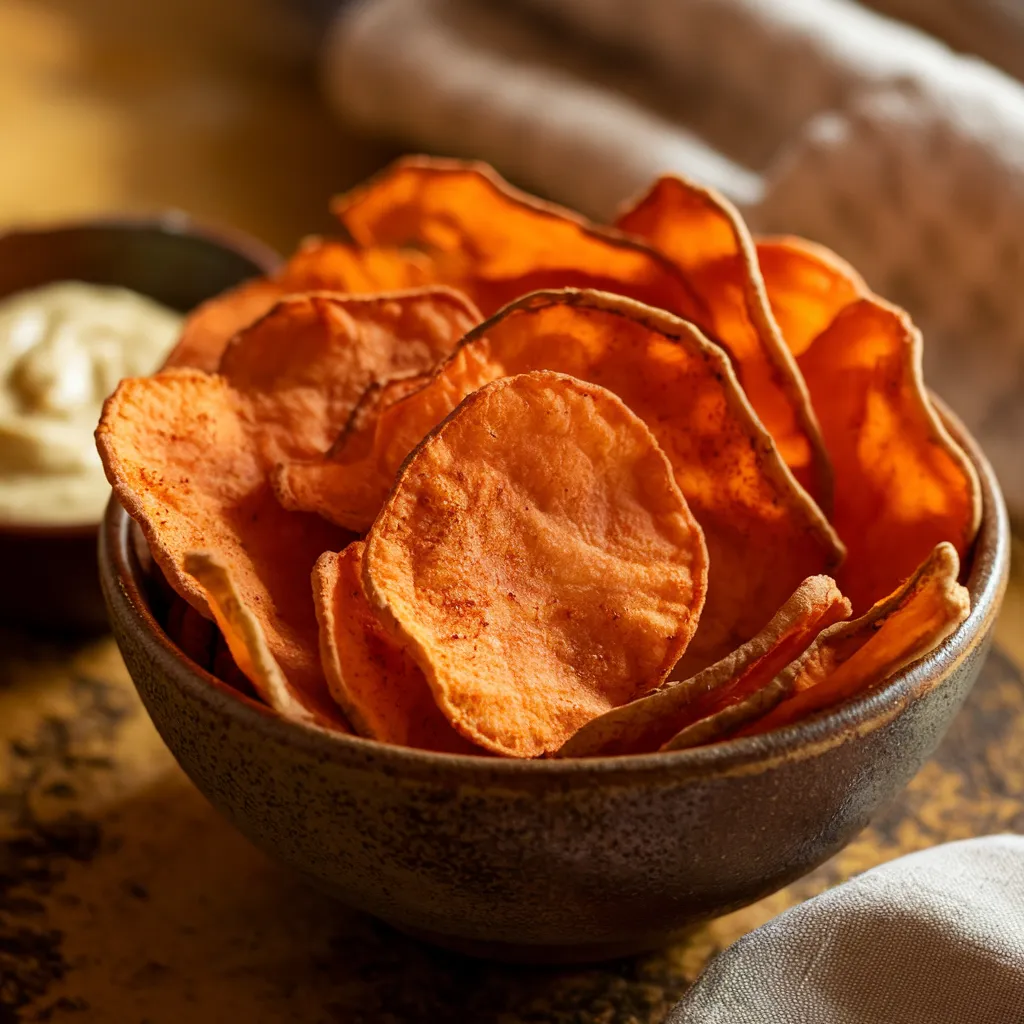 Close-up of crispy homemade sweet potato chips with sea salt and paprika seasoning."
Caption Image: "Close-Up of Sweet Potato Chips