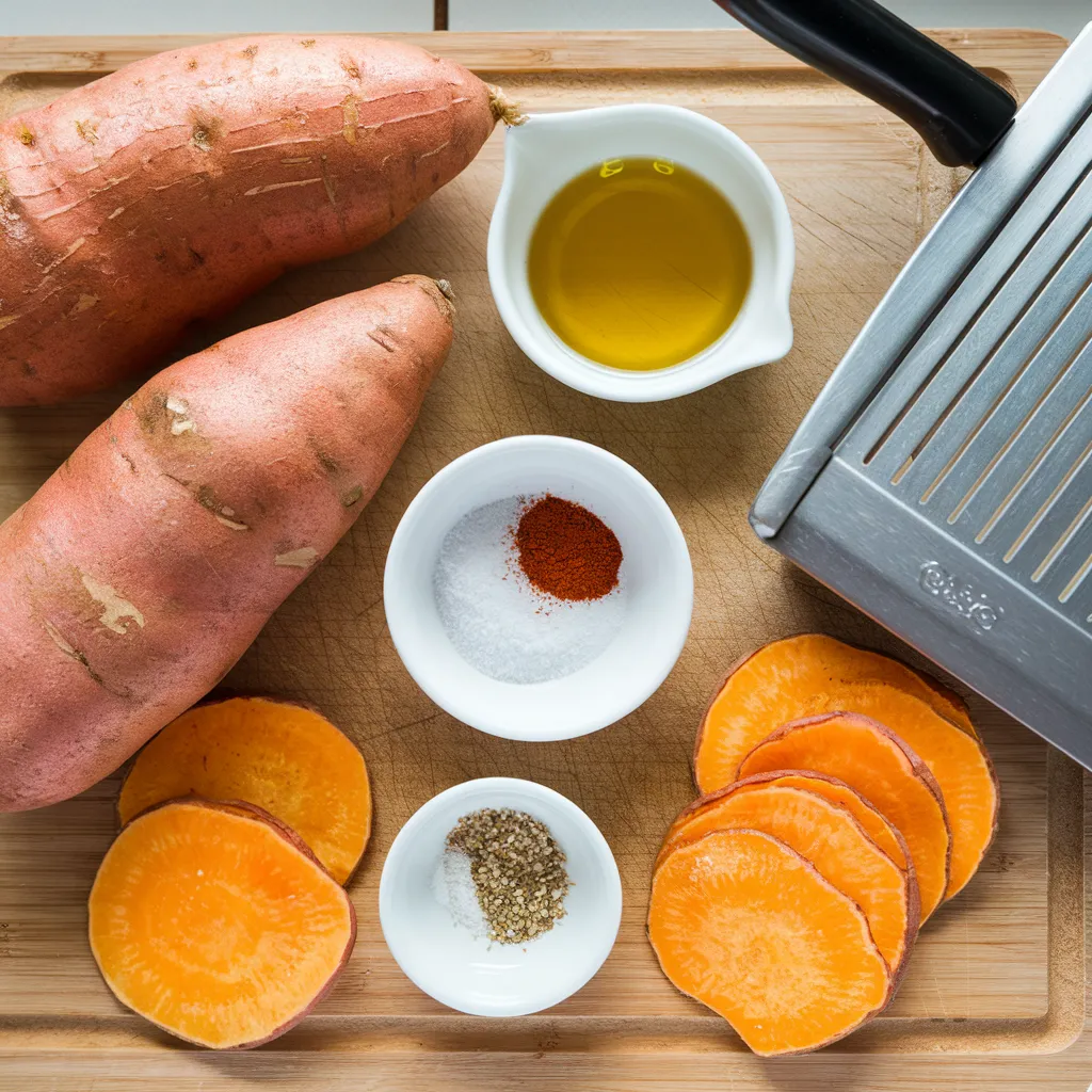 Ingredients for sweet potato chips, including sweet potatoes, olive oil, and seasonings, arranged on a cutting board