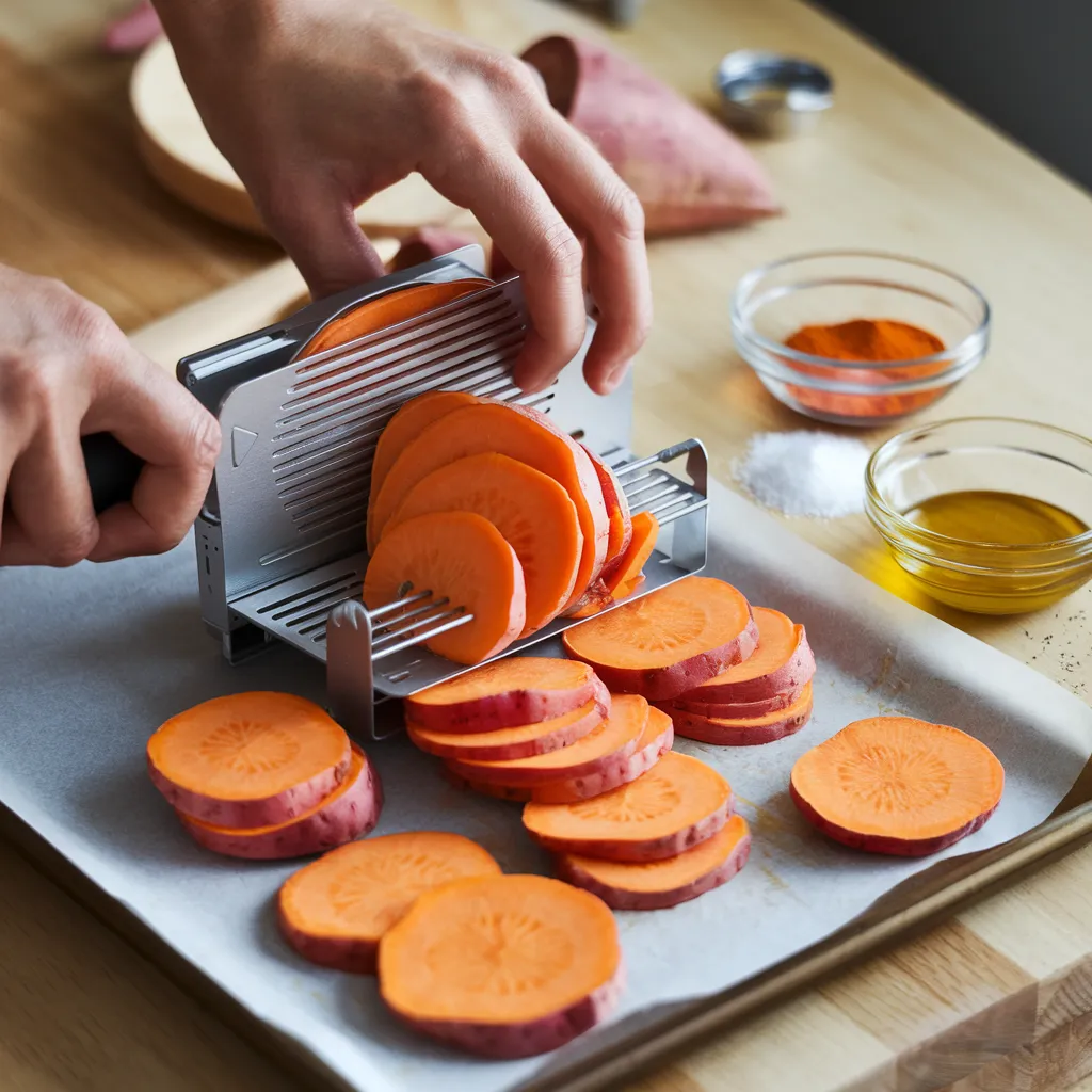 Hands slicing sweet potatoes with a mandoline, preparing them for baking into chips."
Caption Image: "Slicing Sweet Potatoes