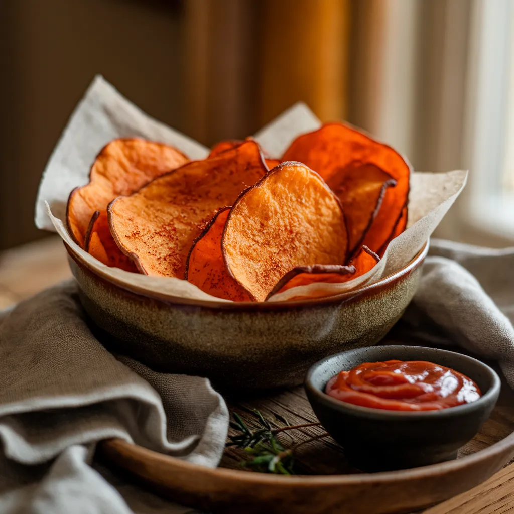 Homemade sweet potato chips served in a rustic bowl with a side of dipping sauce