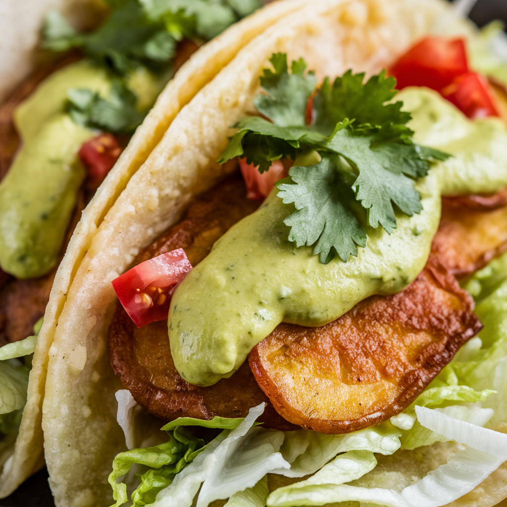 Close-up of a potato taco with crispy potatoes, lettuce, tomatoes, and avocado sauce, garnished with cilantro