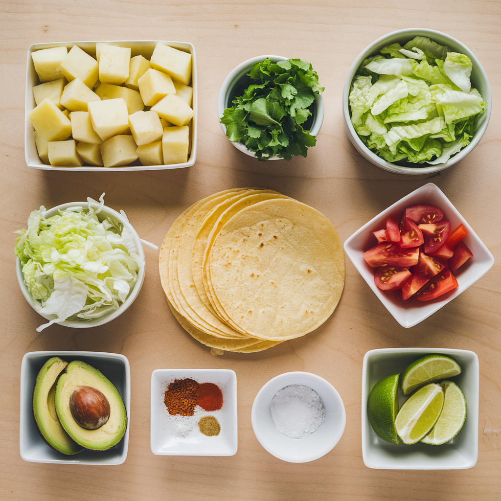 Ingredients for potato tacos neatly displayed on a wooden surface, showcasing each component for the dish