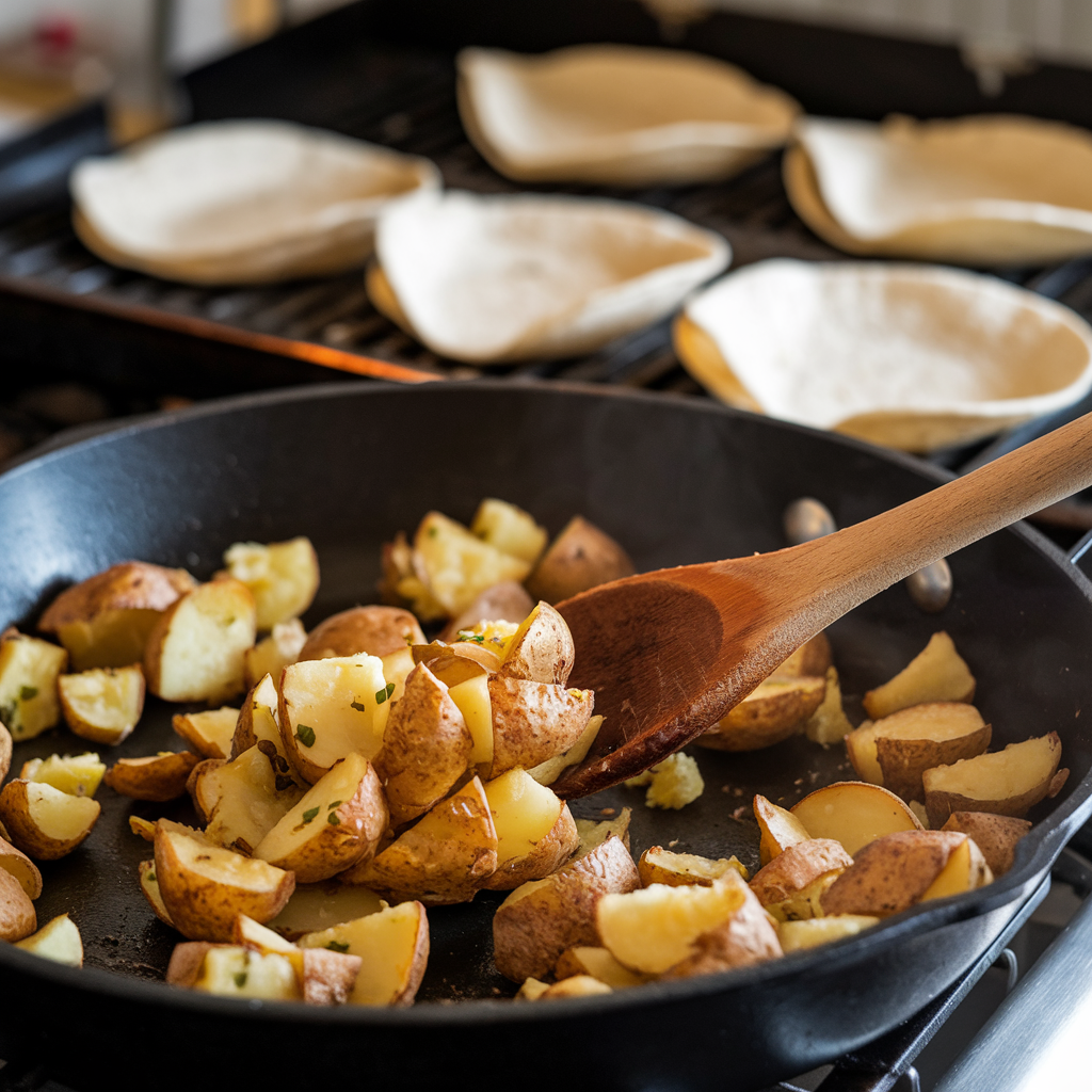 Crispy potatoes cooking in a skillet, with taco shells warming in the background