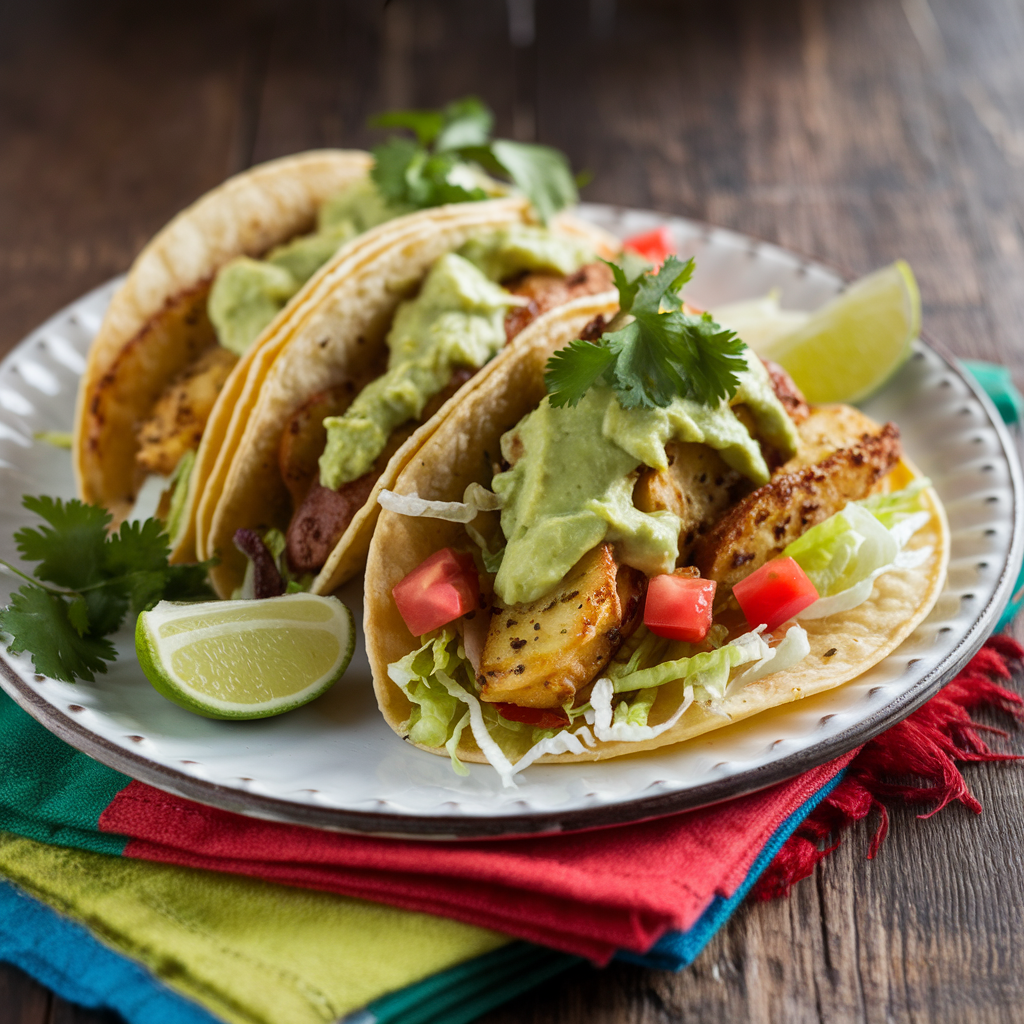 Crispy potato tacos on a white plate, garnished with cilantro and lime wedges, served on a rustic table