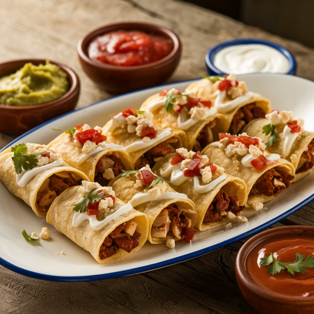 Crispy rolled tacos on a white platter, garnished with cilantro, queso fresco, and crema, served with guacamole and salsa