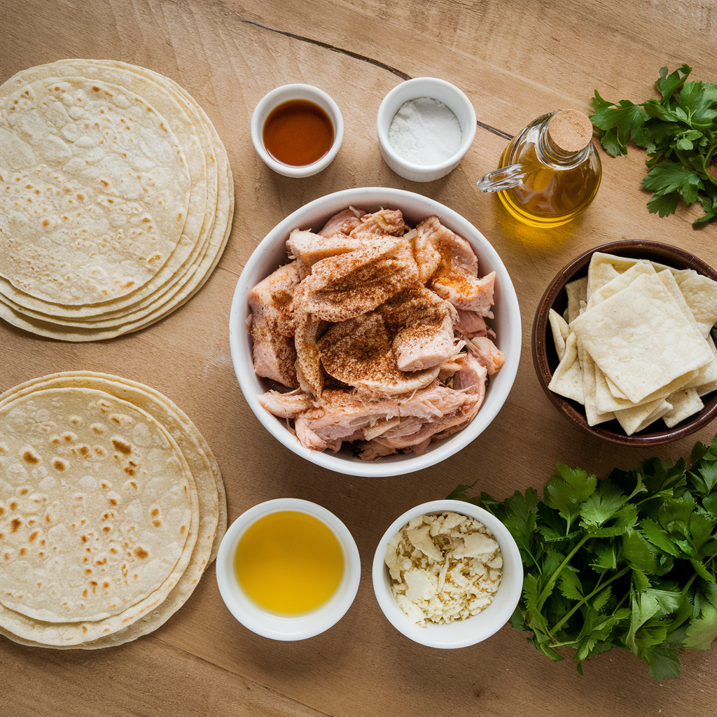 Ingredients for rolled tacos, including tortillas, shredded chicken, spices, and cheese, displayed on a wooden countertop