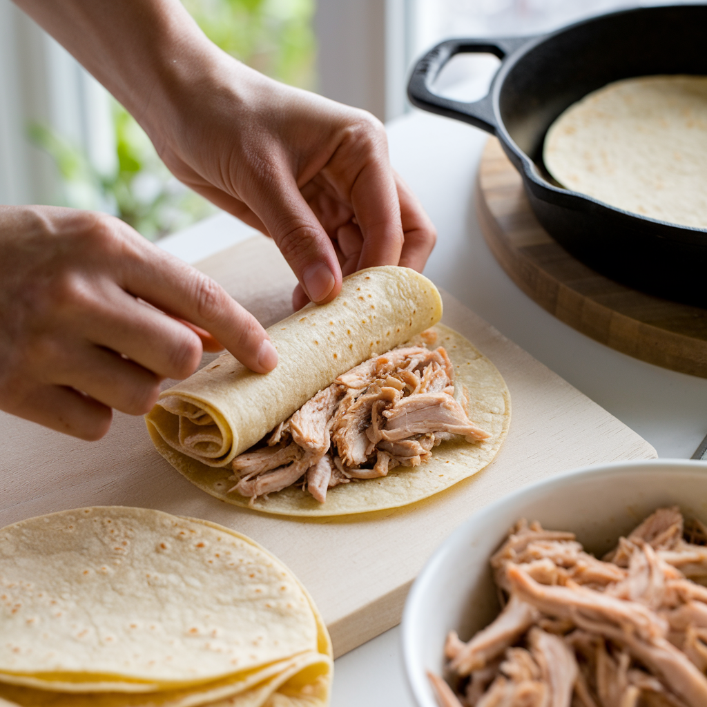 Hands rolling a tortilla around shredded chicken filling during the preparation of rolled tacos