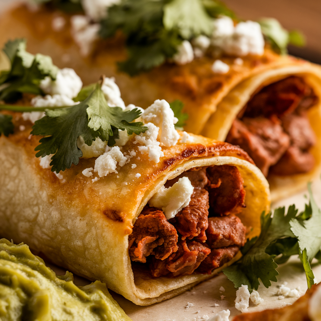 Close-up of crispy rolled tacos garnished with cilantro and queso fresco, served with guacamole