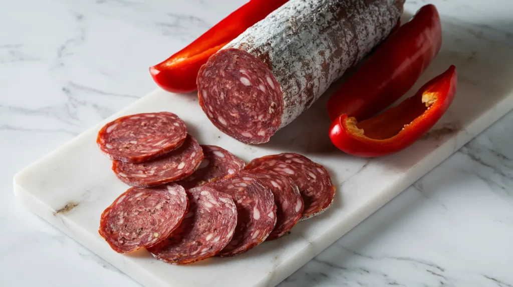 thinly sliced salami arranged on a marble board