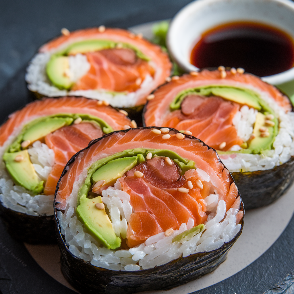 Close-up view of sliced salmon rolls with vibrant colors, garnished with sesame seeds and soy sauce, accompanied by chopsticks