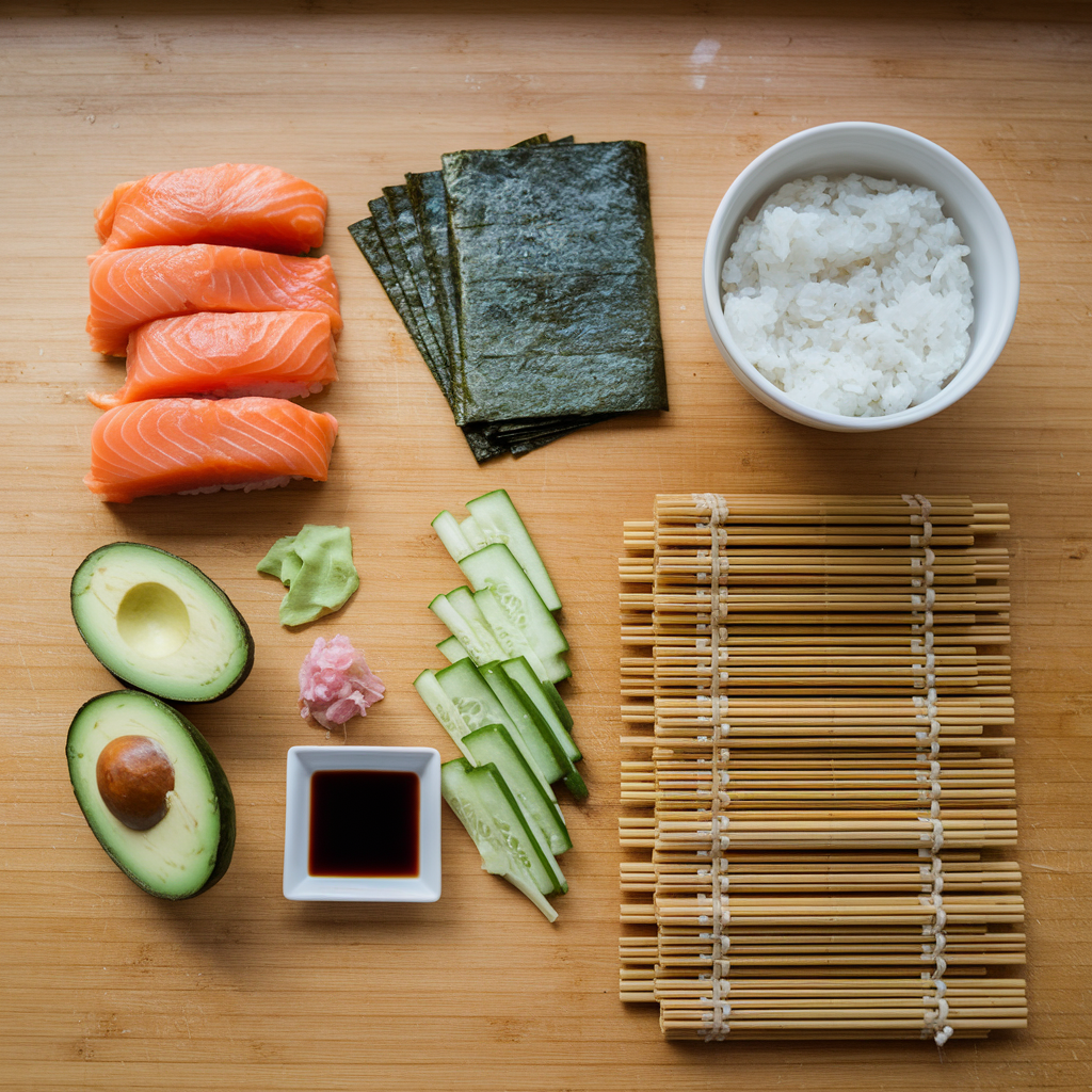 Ingredients for salmon rolls, including fresh salmon, nori, sushi rice, soy sauce, sesame seeds, cucumber slices, and avocado, arranged on a wooden cutting board