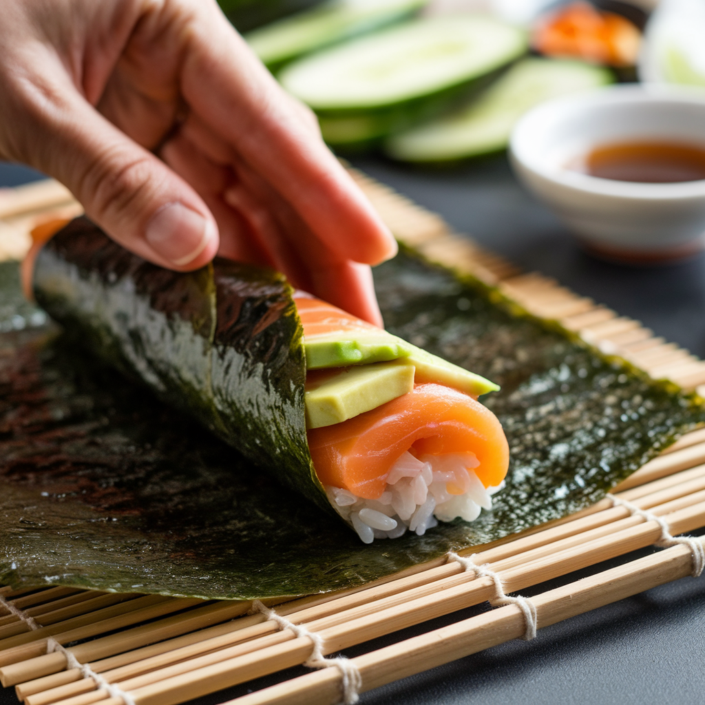 Hands spreading sushi rice on a nori sheet, with slices of salmon, cucumber, and avocado ready for rolling