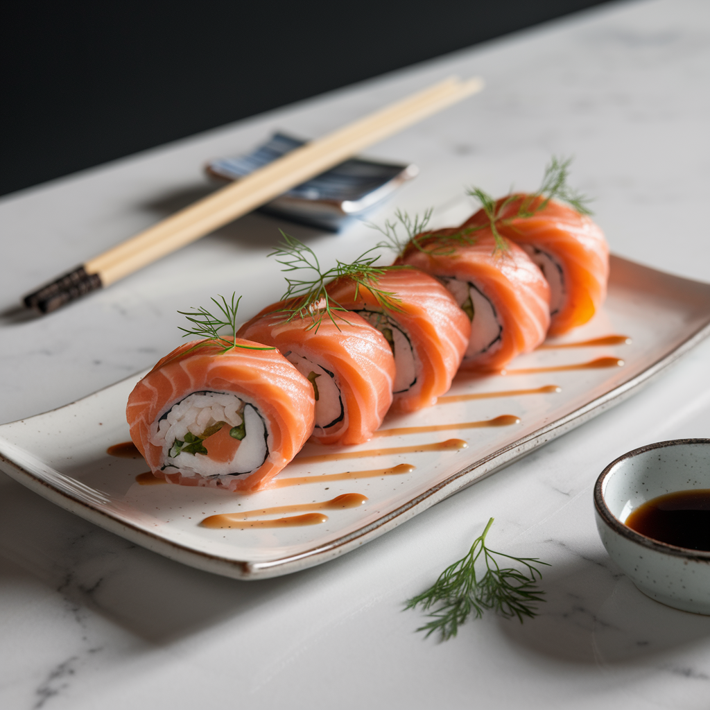 Finished salmon rolls served on a white ceramic platter, garnished with sesame seeds and green onions, accompanied by chopsticks and a small bowl of dipping sauce