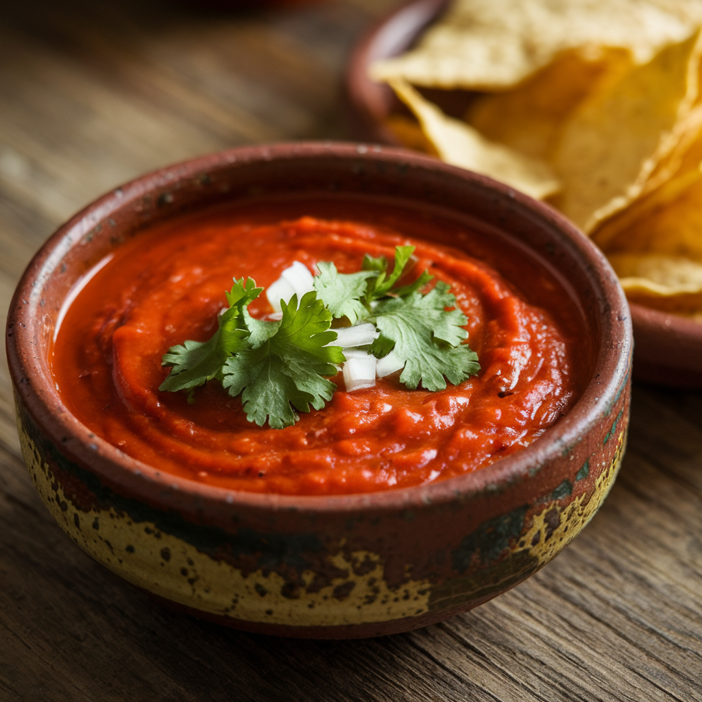 Close-up of Salsa Roja in a ceramic bowl with cilantro and diced onion garnishes, served with tortilla chips