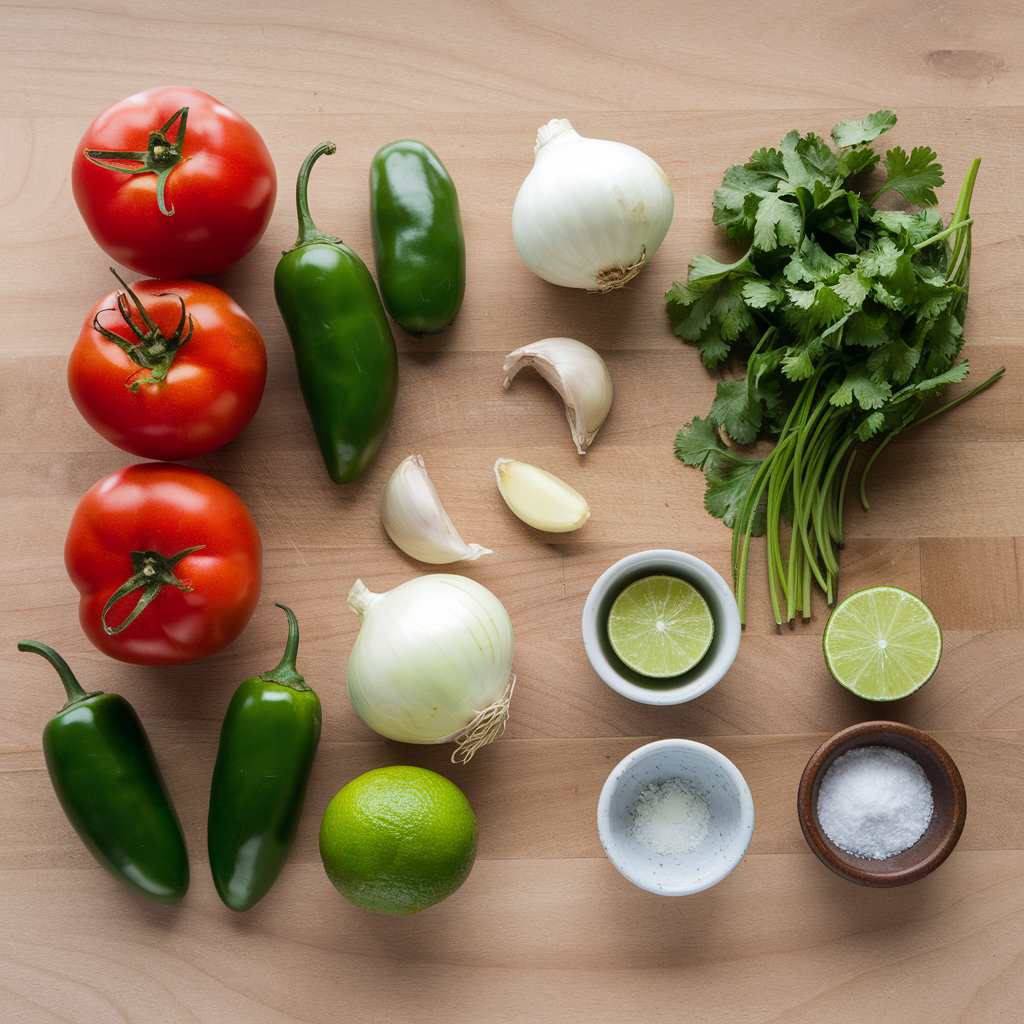 Ingredients for Salsa Roja, including tomatoes, jalapeños, garlic, onions, and cilantro, displayed on a wooden surface