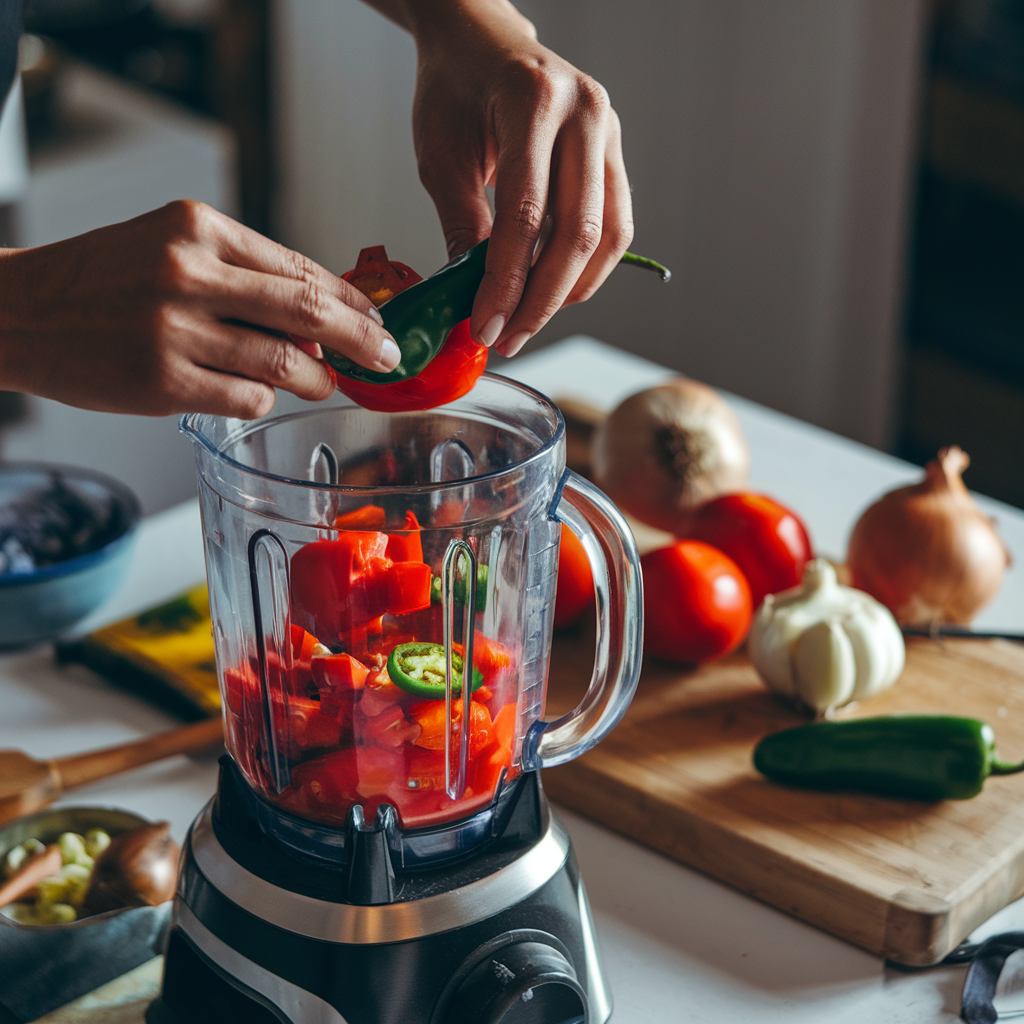 Hands placing charred tomatoes and peppers into a blender during Salsa Roja preparation