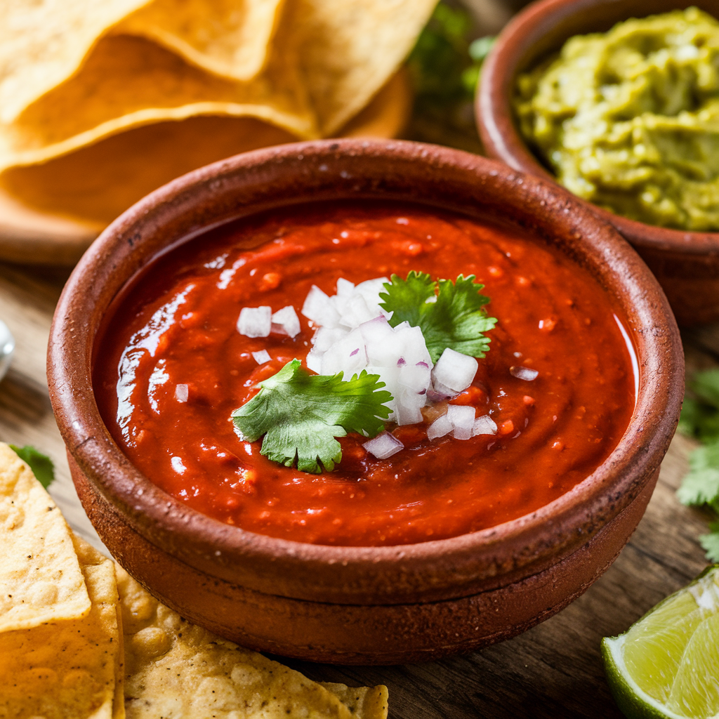 Salsa Roja in a rustic ceramic bowl, garnished with cilantro and diced onions, served with tortilla chips