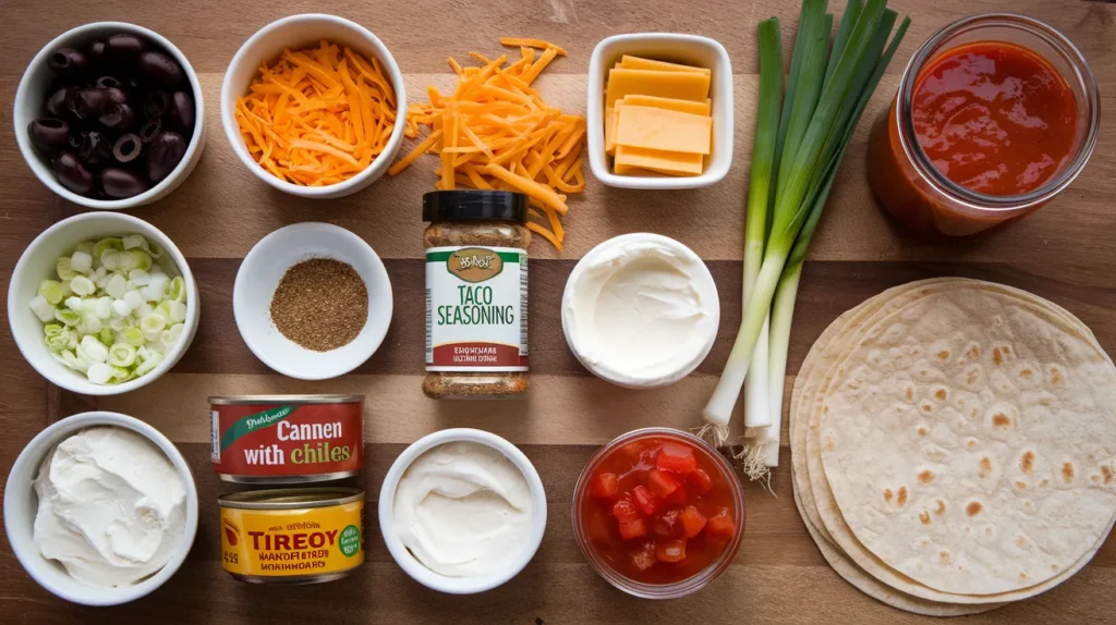 various ingredients laid out, ready for making taco tortilla roll-ups