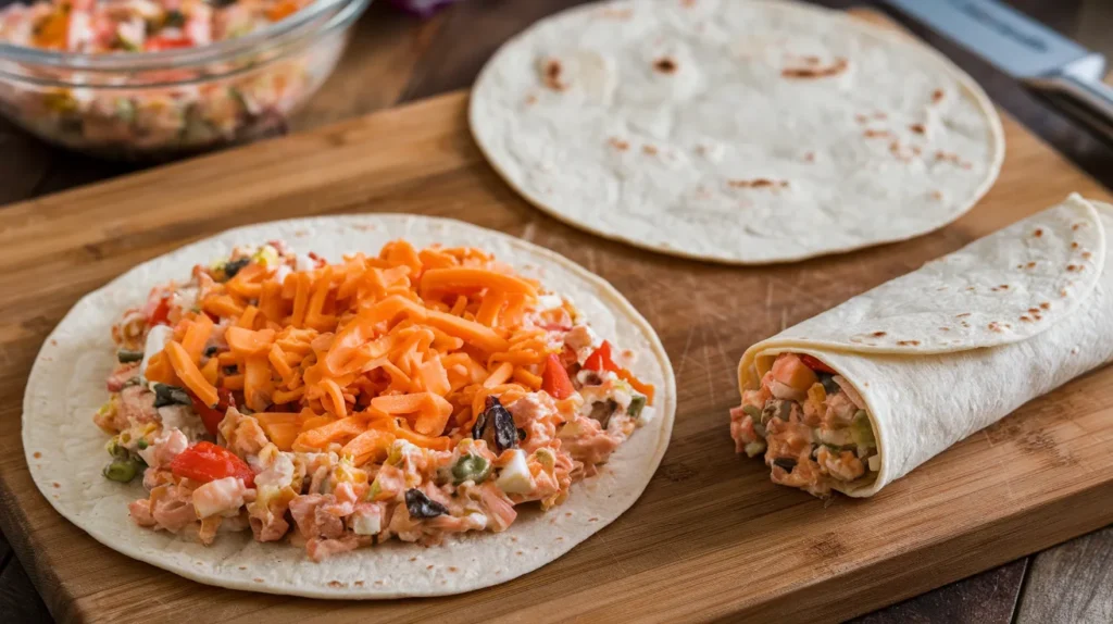  the process of making tortilla roll-ups on a wooden cutting board