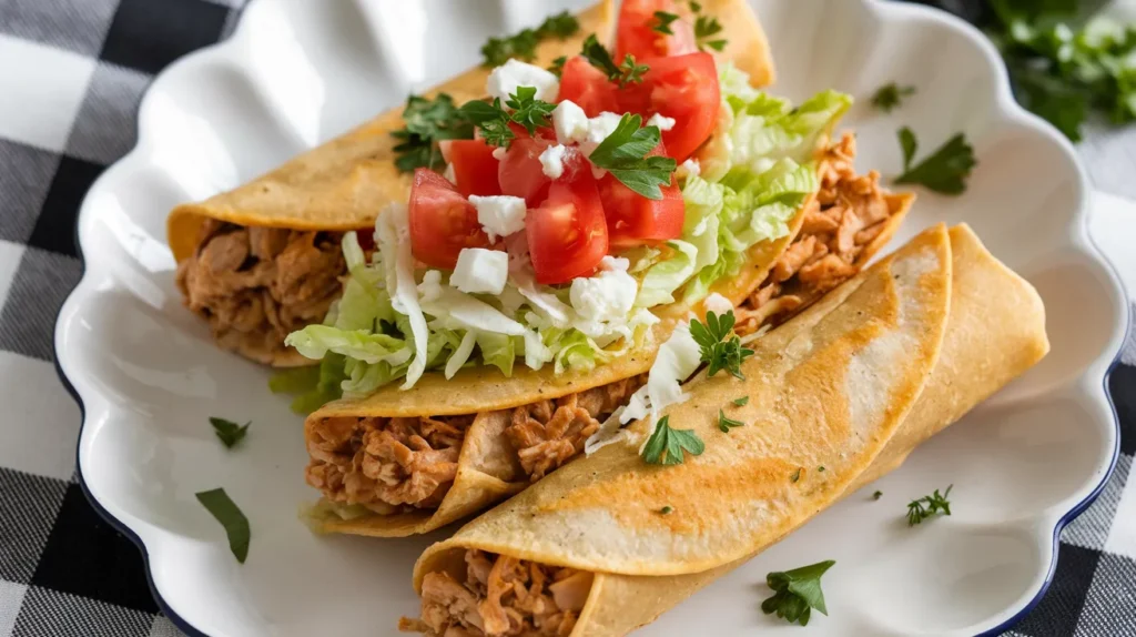 taquitos served on a white scalloped plate. 