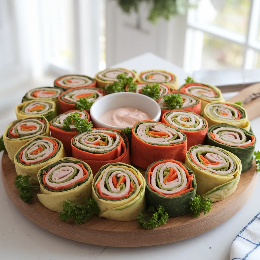 A platter of turkey pinwheels with vibrant layers, served with dipping sauce on a wooden board