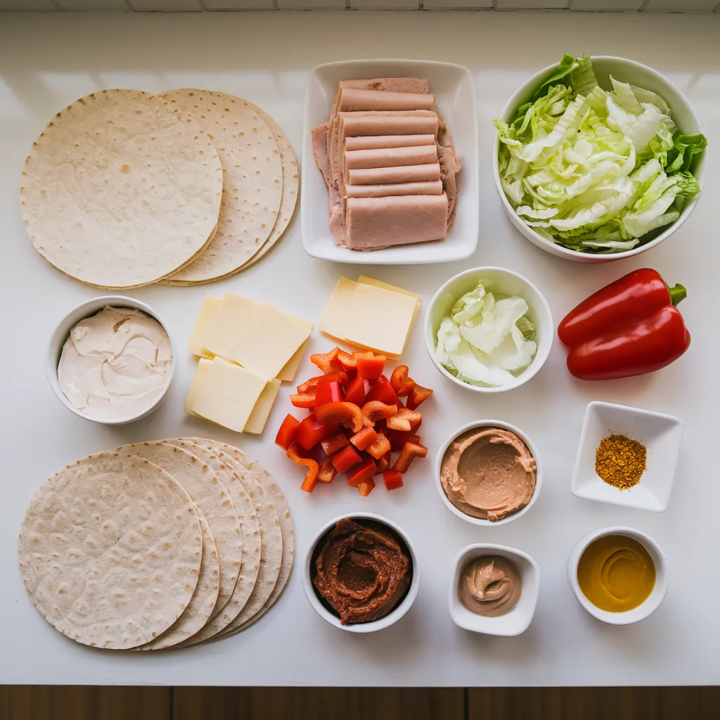 Ingredients for turkey pinwheels arranged neatly on a white countertop