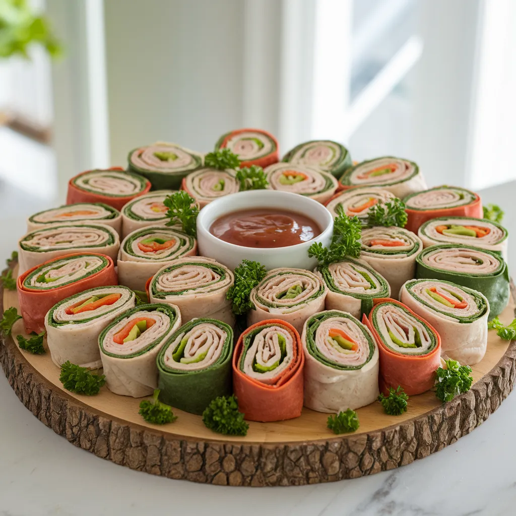 Close-up of a turkey pinwheel with vibrant layers of turkey, cream cheese, and vegetables