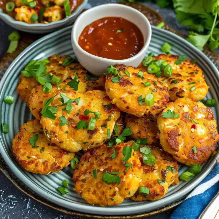 Are Cauliflower Hash Browns Healthy To Eat? 3 Crispy cauliflower hash browns on a white plate with fresh herbs and dipping sauce on a wooden table. Are Cauliflower Hash Browns Healthy To Eat?