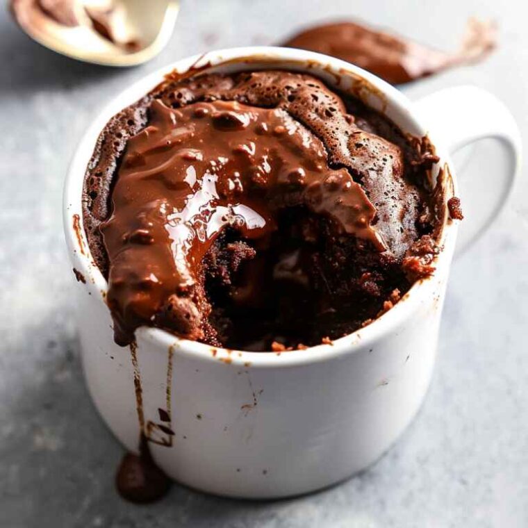 Top 10 Trending Cake Recipes of 2025 (With Gorgeous Variations) 9 3-ingredient chocolate mug cake with melted chocolate in a white mug