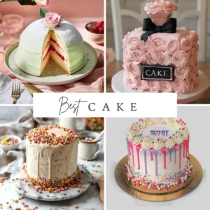 A collage of four beautifully decorated cakes including a layered dome cake, a pink rosette cake with a bow, a sprinkle-covered drip cake, and a pastel drip birthday cake.