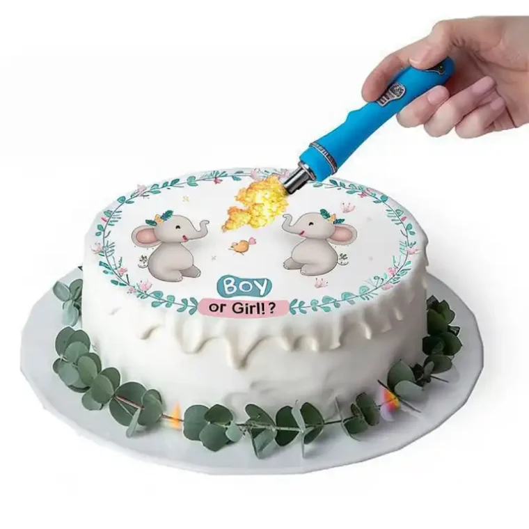 How to Make a Burn-Away Cake: Hidden Reveal You’ll Love 7 burn-away cakes: A Hand lighting a gender reveal cake with elephants and "Boy or Girl?" text using a blue lighter.