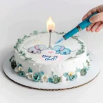 How to Make a Burn-Away Cake: Hidden Reveal You’ll Love 5 Hand lighting a gender reveal cake with elephants and "Boy or Girl?" text using a blue lighter