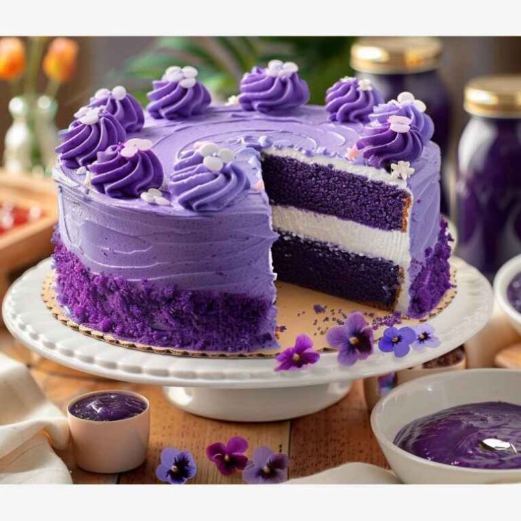 Ube Cake: A Visual Delight for Social Media in 2025 2 Ube Cake for Social Media : ube cake with ube filling and whipped cream decorations on a white cake stand.