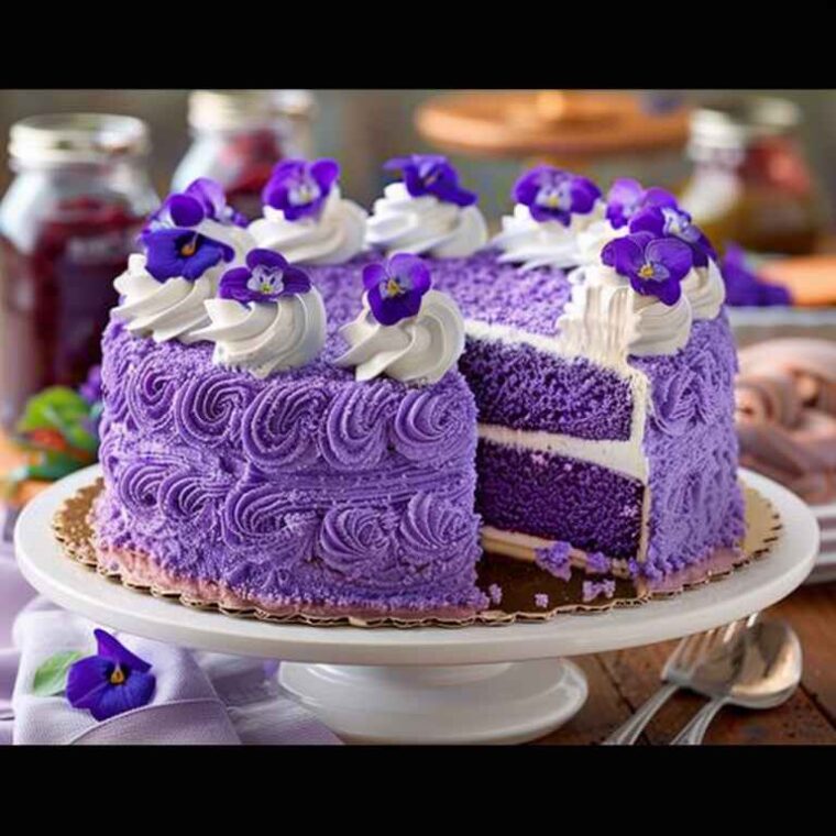 Exploring the Flavors of Ube Cakes: Taste, Texture & Trends 2 Fluffy purple ube cakes with ube filling and whipped cream decorations on a white cake stand.