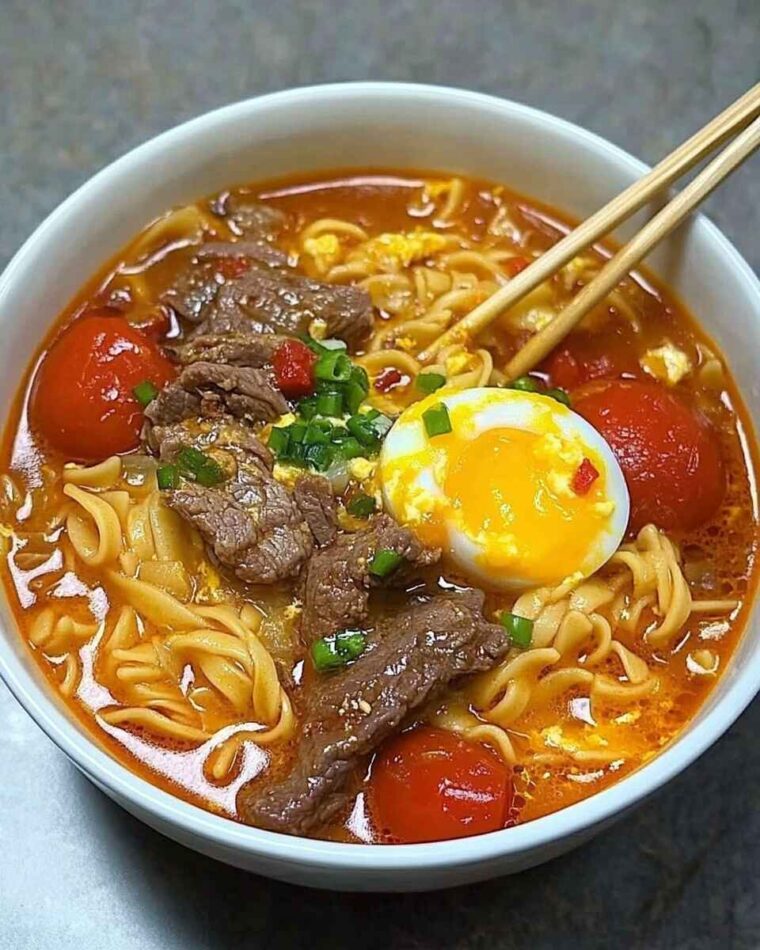 Tomato Egg and Beef Noodle Soup: Quick, Cozy Dinner Recipe 5 Hearty tomato beef noodle soup with egg, beef, and scallions in white bowl